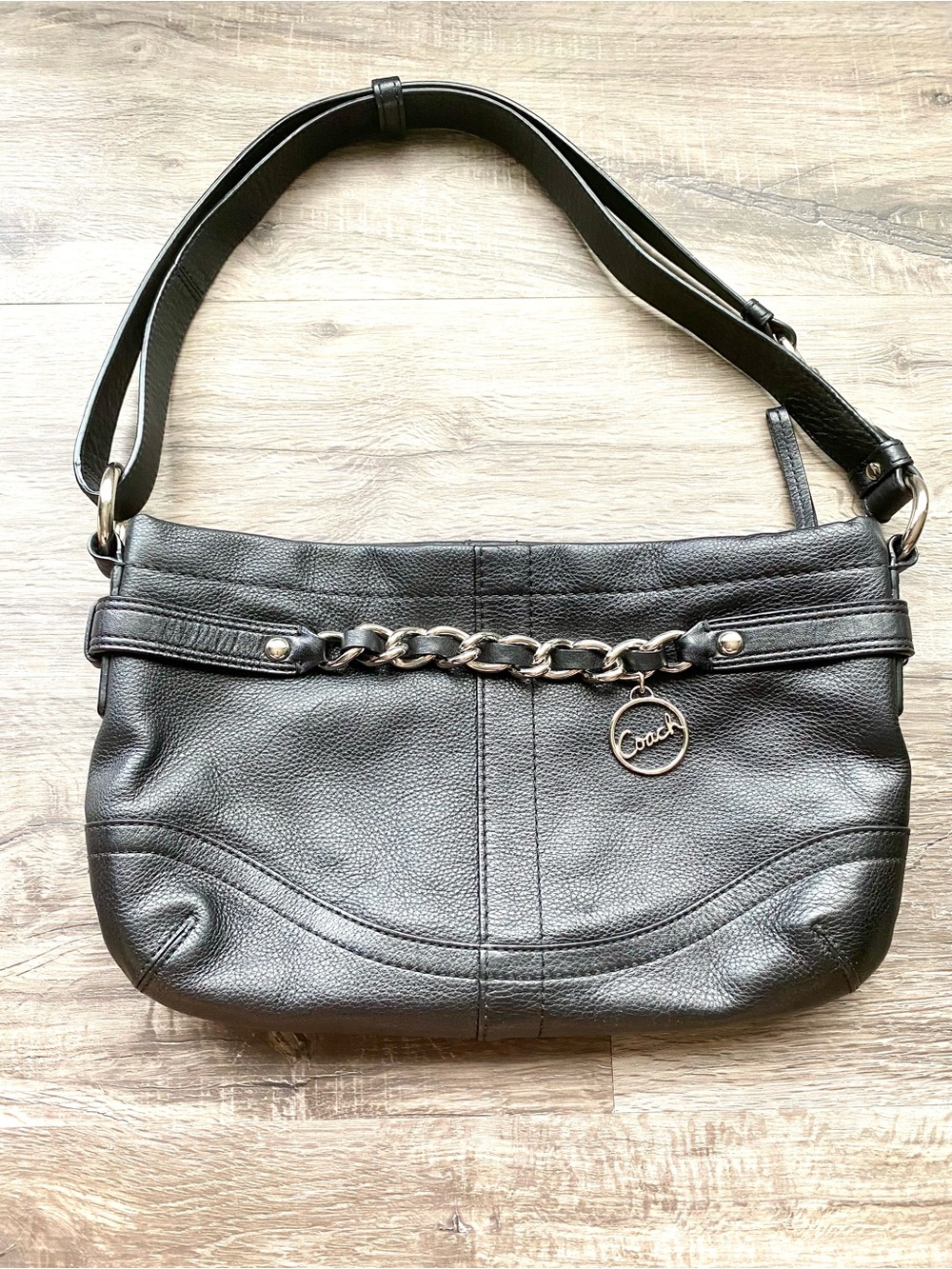 Coach Black Leather Shoulder Bag with Chain Detail
